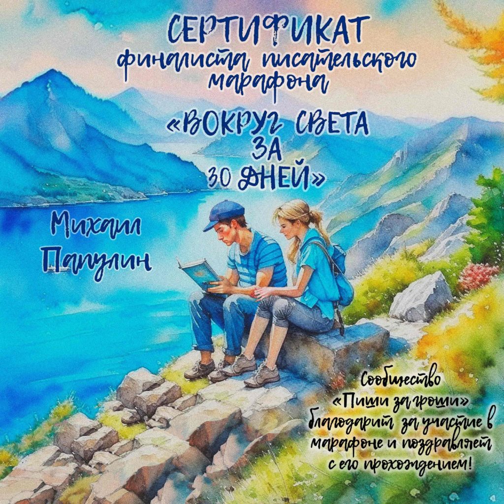 Сертификат финалиста писательского марафона "Вокруг света за 30 дней" Папулина М.В. 
сентябрь 2023 года
